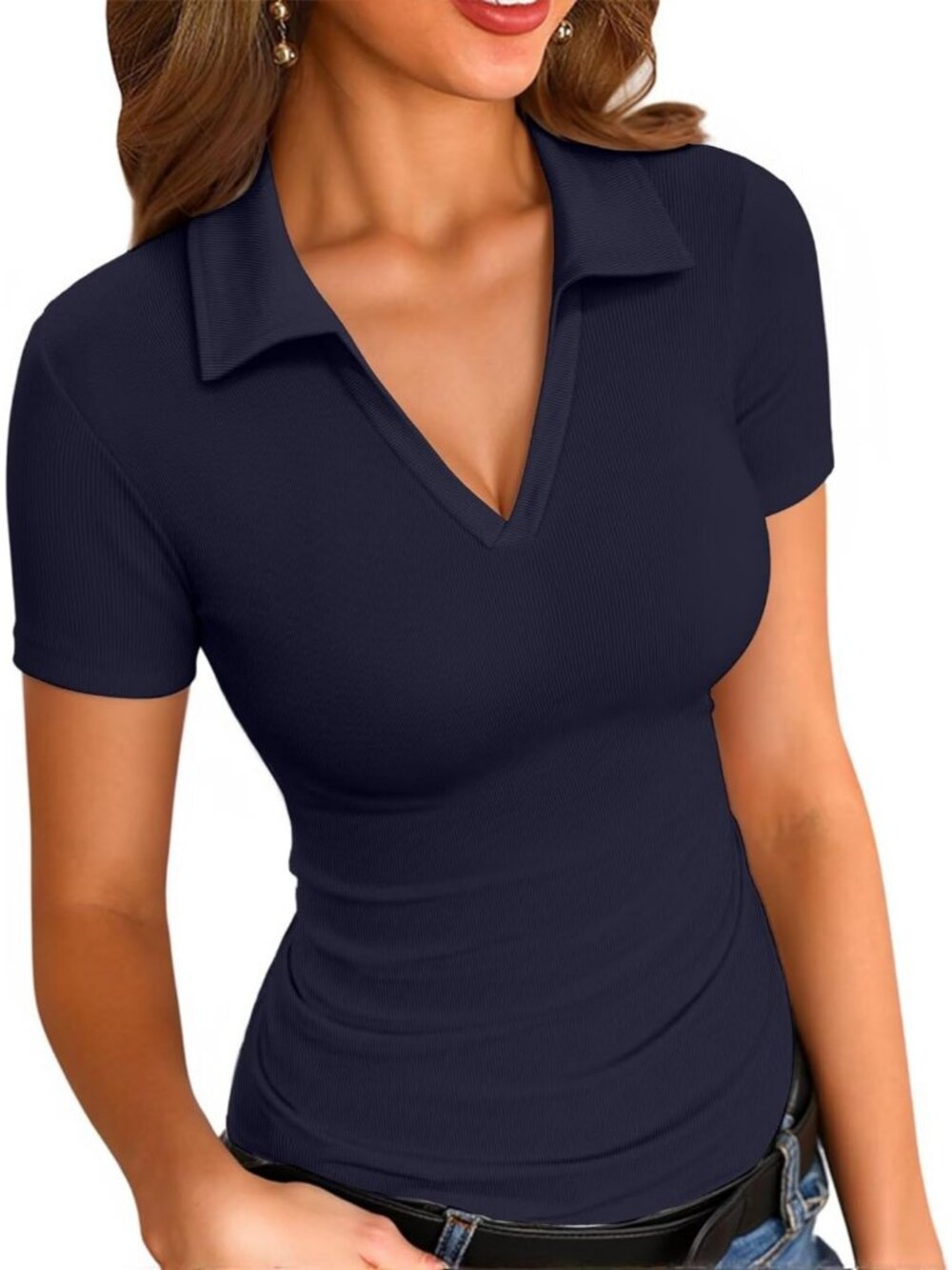 Women's Navy V Neck Short Sleeve Polo Shirts Slim Fitted Trendy Tight Knit Tops